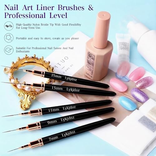 8Pcs Nail Art Brushes Set, 5 Art Liners & 3 Multi Shape Gel Builder Brushes - color: Black
