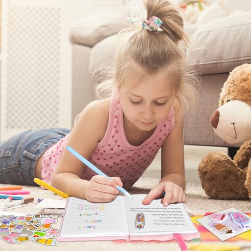 All In One Gift Kit for Girls – Back to School Supplies, Lock and Key Plush Journal Stationery Set with 53 Stickers, 1 Bracelet, 1 Coin Purse, 4 Straws and 3 Sticky Notes, for Kids, Toddlers, and Teens (Pink Boba) - color: Pink