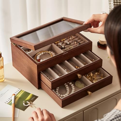 Black Walnut Wooden Jewelry Box Women with One-way Vision Mirror - style: 3 Layer A