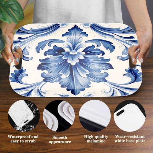 Serving Trays with Handles, 14.5 x 9.8 inch Rectangular Plastic Tray for Restaurant, Kitchen, Blue and White Pattern - color: Blue and White Pattern