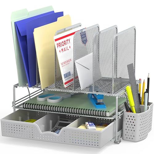 Simple Houseware Desk File Organizer for Office Supplies w/Drawer, Silver - color: Silver