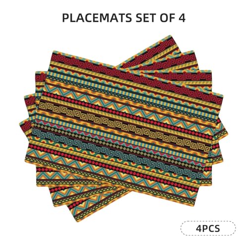 Geometric Ethnic Placemats Rectangle Linen Table Placemet Set of 4 - color: Red Yellow, size: Set of 4