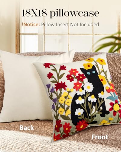 Embroidered Throw Pillow Cover, 18x18 Inch, Black Cat Floral - color: Flower Cats, size: 18" x 18" (Pack of 1)