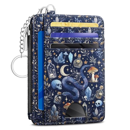 Kelvoris Credit Card Holder Small Wallet Women, Slim RFID, Goth Mushroom - color: Blue Goth Skull