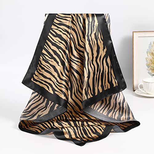 AWAYTR 2-Pack 35" Silk-Like Satin Head Scarves for Women, Square Bandanas - color: Zebra Stripes (White + Brown)