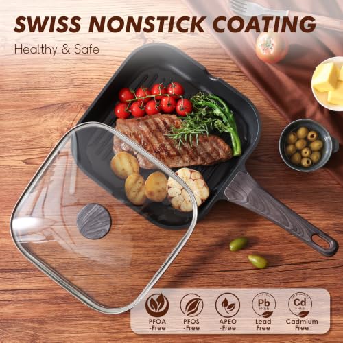 SENSARTE Nonstick Grill Pan with Lid, Grill Pan for Stove Tops, Versatile Griddle with Pour Spouts, Square Big Cooking Surface, Durable Skillet Indoor & Outdoor Grilling. PFOA Free, 11 Inch - color: Classic Black, size: 11 Inch
