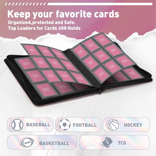 Toploader Binder, 9-Pocket 288 Cards Holder for 3"x4" Rigid Card Sleeves - color: 9Pink7