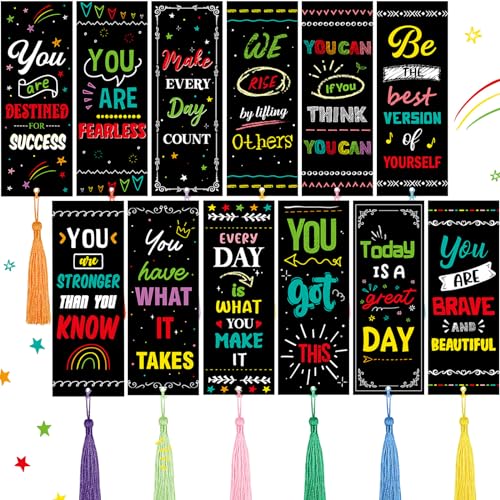 Outus 12 Pack Inspirational Quote Bookmarks with Colorful Tassels, Positive Motivational Sayings Page Markers, Bulk Encouragement Book Marks Back to School Classroom Reward Favors Gifts for Students - style: Inspirational