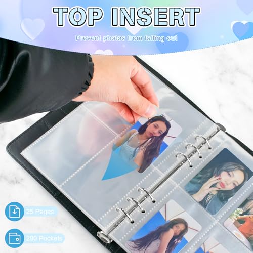 Kpop Photocard Binder, PU Leather A5 Photocard Holder with 200 Pocket, K-Pop Korean Pop Photocard Holder Binder Book, 4 Photo Style Photo Card Album Trading Cards Organizer(Black) - color: Black