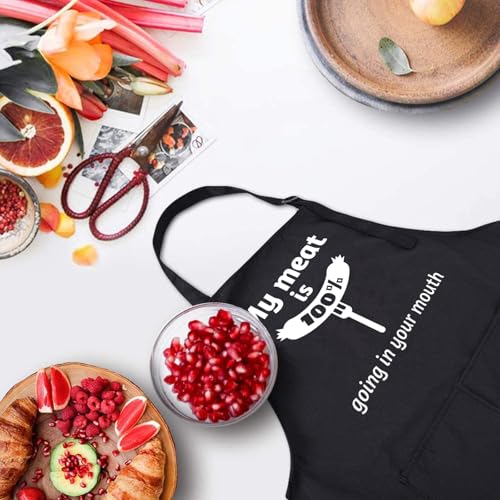 Rosoz Funny BBQ Black Chef Aprons for Men Adjustable Kitchen Cooking Aprons - color: My Meat is 100% Going