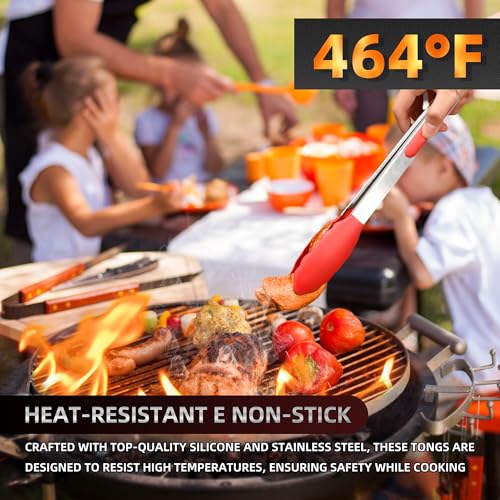 Stainless Steel Kitchen Tongs Set, 3 Pack with Silicone Tips - size: Pack of 3 Red (7", 9" & 12")
