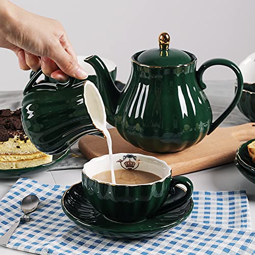 Sweejar Home Porcelain Tea Sets British Royal Series, 8 OZ Cups& Saucer Service for 6, with Teapot Sugar Bowl Cream Pitcher Teaspoons and Tea Strainer, Suitable for High Tea, Wedding, Party (Jade) - color: Dark Green