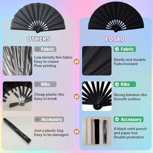 EOSAU Large Rave Fan, Folding Hand Fans for Line Dancing, Black - color: 13" Black 02