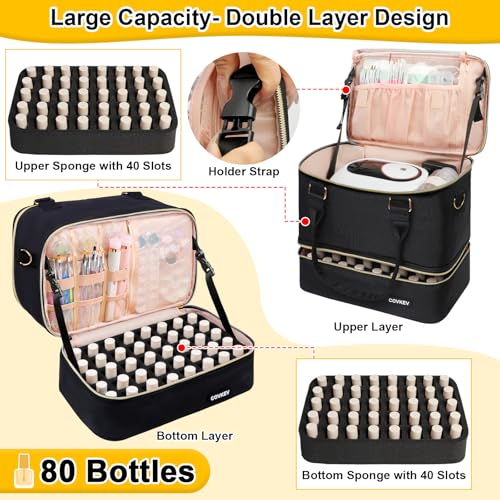 Covkev Nail Polish Organizer Hold 80 Bottles (15ml/0.5 fl.oz)& Nail Lamp, Double Layer Nail Bag Organizer Case with Handle, Large Nail Supplies& Kit Storage Case for Women Travel (Black& Golden) - color: Timeless Black - 80 Bottles
