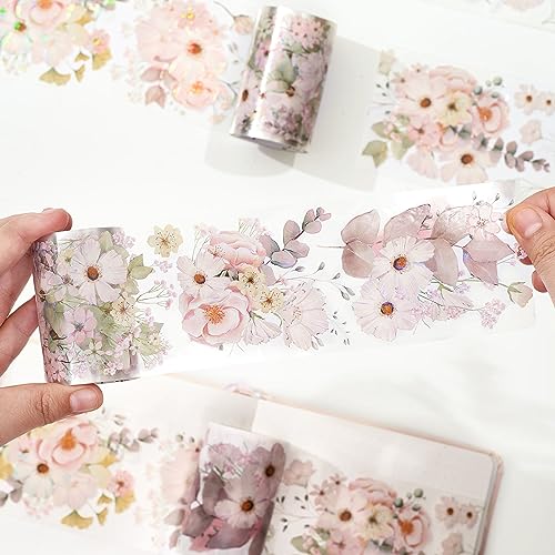 WT Blush Wide PET Tape, Single Roll, Original Designs, Watercolor Pink Floral Decorative Tape, Transparent Adhesive for Journaling, Scrapbooking, Bujo Planner DIY Craft Supplies - color: WT Blush Wide PET Tape