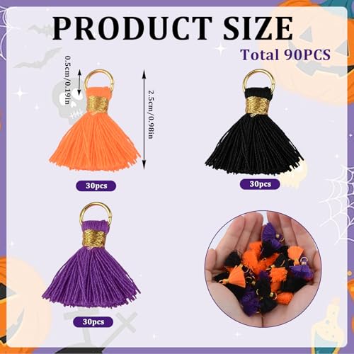 Mini Tassels Charm, 90pcs Golden Circle Purple Orange Black Mini Tiny Handmade Craft Tassels Charms for Halloween DIY Jewelry Necklace Making Accessories - color: 3 Halloween Colors-2.5cm