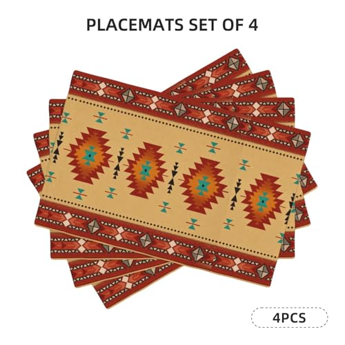 Aztec Placemats Set of 4, Linen Washable Table Mats 12 x 18 Inch, Southwestern Geometric Place Mats for Dining Table Kitchen Desert Boho Decor - color: Orange Aztec, size: 12x18"Placemats x4