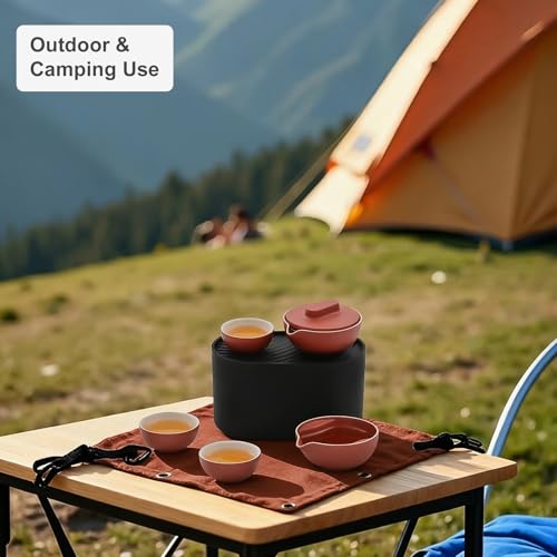 PERTouch-T1 Portable Gongfu Tea Set Asian Style Travel Tea Set Double-Wall Insulated Ceramic Kit with Teapot, Fair Cup, 3 Tea Bowls, Tea Tray & Waterproof Travel Bag for Outdoor, Car, Home, Office - color: Red