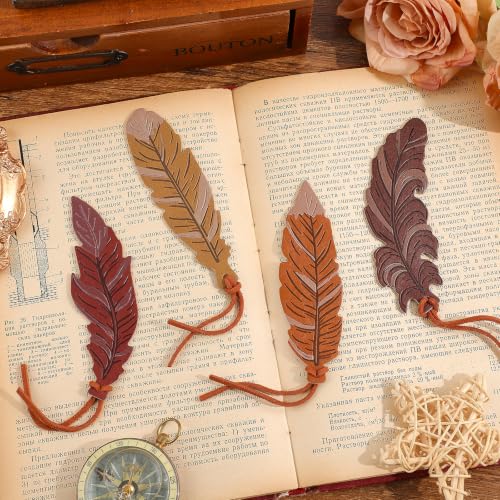 icceemee 4pcs Leather Feather Bookmarks Personalized, Vintage Book Mark for Women, Book Lovers, Writers, Book Accessories Decor Unique Gifts - style: Leather Feather