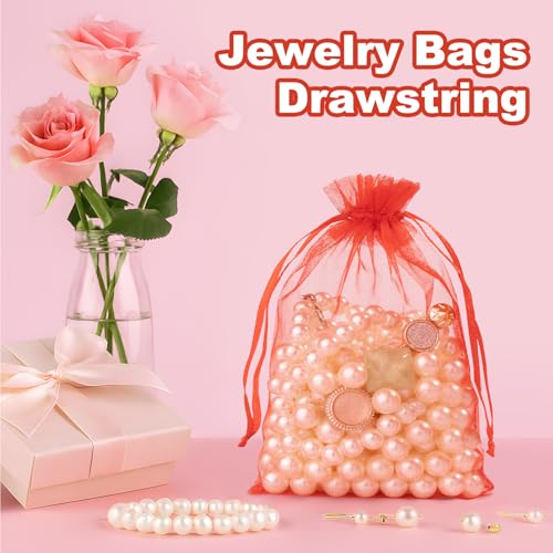 Crweety 50 Pcs Organza Bags 3x4, Red Small Mesh Gift Bags Drawstring Bulk - color: Red