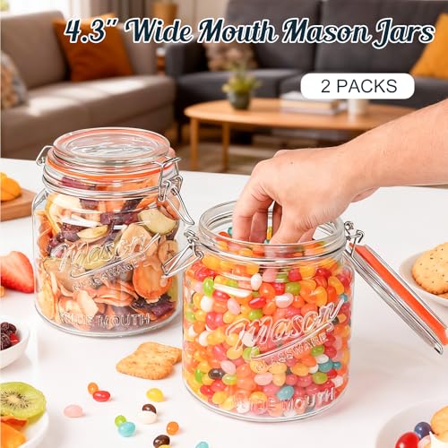 Half Gallon Mason Jar with Hinged Lid, 64 Oz Glass Jar, 2 Pack - color: 64oz-Round-2 Pack-Hinged Lid