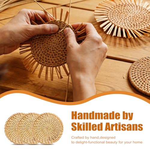 Drink Coasters Set of 6-Handwoven Rattan Coaster with Holder,Natural Rattan - style: Natural Rattan