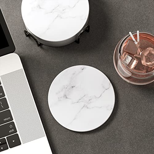 Coasters for Drinks, Set of 6 Cute Absorbent Ceramic Drink Coasters - color: Classic White Gray Marble