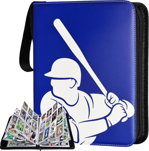 Baseball Card Binder 900 Pockets – 9 Pocket Trading Card Binder with 50 Sleeves, Large Baseball Card Album Folder, 3 Ring Zipper Holder Book for Sport Cards Collection Storage, Waterproof PU Leather - color: Blue Baseball, size: 900 Pockets