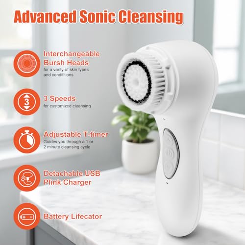 Aria Sonic Facial Cleanser – 3-Speed Rechargeable Electric Brush, Waterproof Design with 2 Soft Brush Heads, Portable Skincare Tool for Daily Deep Cleaning (White)
