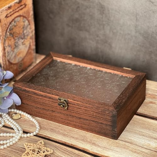 Decorative Box, Vintage Wooden Storage Box with Glass Lid, Keepsake Box, Decorative Storage Box for Photo, Memory, Jewelry, Trinket, Christmas Gift and Home Decoration (Medium) - size: Medium