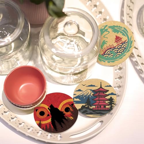 Coasters for Drinks with Holder Set of 6, Japanese Cork Coasters Absorbent Animation for Office Desk Cup Table Coaster Kitchen Decor Inspired House Warming Gifts for New Home Couples, Round 4" - color: Japanese