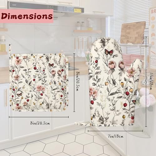 Retro Pink Floral Butterfly Heat-Resistant Silicone Oven Mitts and Pot Holders,Long Oven Gloves with Non-Slip Grip for Cooking, Baking, Grilling,BBQ - color: Retro Pink Floral Butterfly