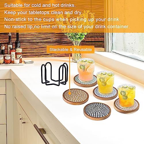 Wood Coasters for Drinks, Eykao Absorbent Coaster Sets of 5, Woven Drink Coasters for Coffee Table, Housewarming Gift for Farmhouse Home Decor,4 inches - color: Colorful (With Holder)