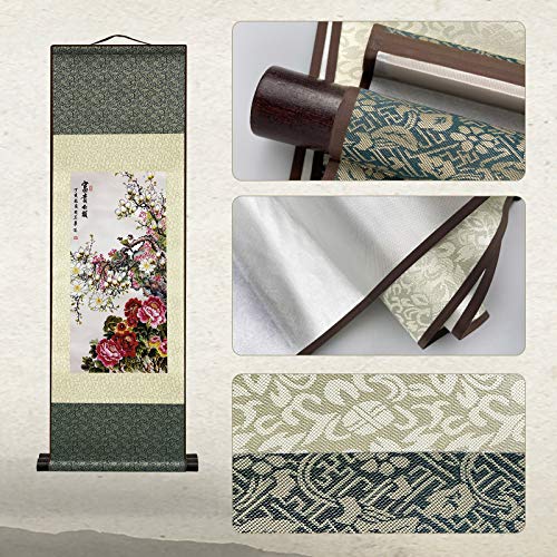 AtfArt Silk Scroll Painting, Asian Wall Art, Flowers, 36.2x12in - color: D01