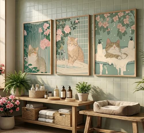 3Pcs Cute Funny Japanese bathroom Cat Canvas Wall Art plant flower Tabby Cat Posters Prints paintings Vintage Japan Toilet Wall Decor Pictures for Bathroom Toilet Home Decoration Unframed - color: Bathroom cat