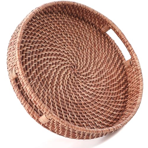 HITOMEN 11.8" Hand-Woven Round Rattan Serving Tray Decorative Wicker Trays with Handles for Coffee Table (Honey Brown-M) - color: Honey Brown, size: Medium (11.8 inches)