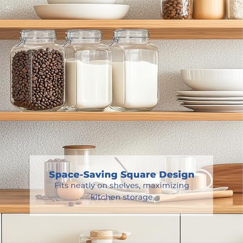 Cyclemore 2 Pack 1 Gallon Square Clear Glass Jar with Airtight Lid, Storage Canister 128oz, Wide Mouth Jar for Fermenting, Pickled Egg, Kombucha, Kefir, Canning, Sun Tea and Food Storage