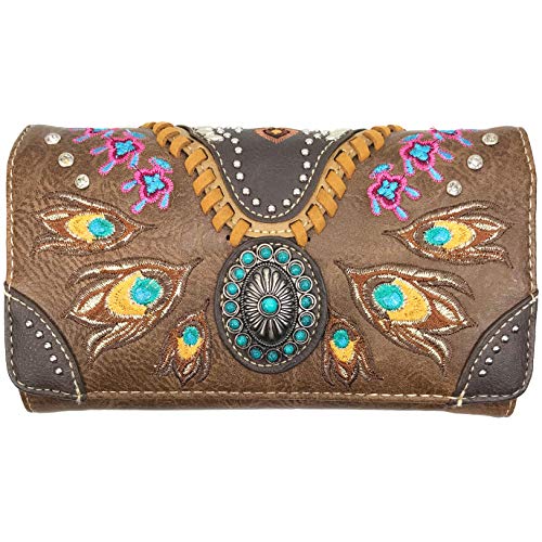 Zelris Turquoise Concho Peacock Feather Women Crossbody Wrist Trifold Wallet - color: Brown