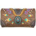 Zelris Turquoise Concho Peacock Feather Women Crossbody Wrist Trifold Wallet - color: Brown