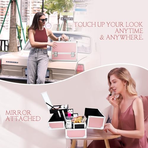 Joligrace 3-Tray Makeup Case with Mirror & Brush Holder, 11.6" Mermaid Pink - color: Pink Mermaid