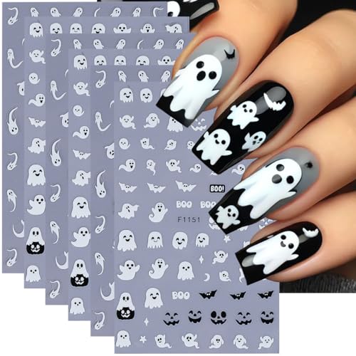 Halloween Ghost Nail Art Stickers Luminous Nail Stickers 6PCS Cute Ghost Bat Boo Halloween Nails Design 3D Self-Adhesive Nail Decals Nail Art Supplies Manicure Sliders for Women DIY Nail Decorations - style: style2