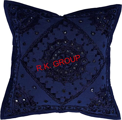 Indian Mirror Embroidered Decorative Sofa Throw Pillow Cushion Cover Boho Bohemia (Color : Blue Size -24 X 24) - color: Blue, size: 24" x 24" (Pack of 1)