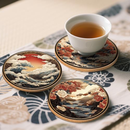 ANATTASOUL Japanese Pattern Wooden Coasters Set of 9 Bulk(3.9") - style: Japanese Pattern