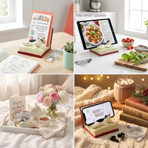 RAQWI Black and White Cat on Red Book, Resin Phone Stand, Desk Decor - color: Red
