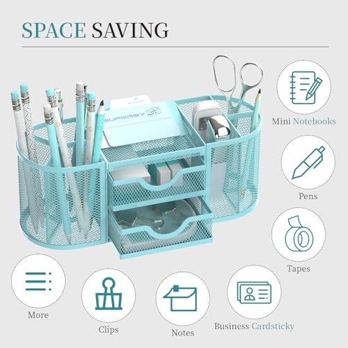 SUPEASY Mesh Desk Organizer, Pen Holder for Desk with 2 Drawers, Blue - color: Baby Blue