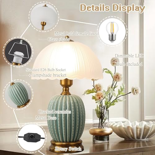Ceramic Table Lamp Dimmable for Living Room, 16" Modern Vintage Bedside Nightstand Lamps with White Glass Shade,Classic Chinoiserie Retro Bedroom Lamp for Night Stands, Dorm,Office, Home Decor - color: Green Pineapple