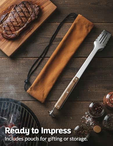 17-Inch Grill Tongs, Heavy Duty 304 Stainless Steel BBQ Tongs, Extra-Long Locking Grilling Tongs for Outdoor Grill & Smoker, Walnut Handle, Gift Pouch - color: Walnut Brown