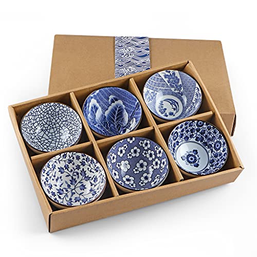 Ceramic Rice Bowls 10 oz, Japanese Style Bowl Gift Set, Assorted Dinnerware Serving Bowls for Cereal, Soup, Dessert, Snack, Fruit, Salsa, Pack of 6 (Blue and White) - color: Blue and White, size: 6 Pack