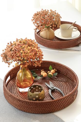 HITOMEN Hand-Woven Round Rattan Serving Tray Decorative Ottoman Wicker Platter with Handles for Coffee Table, Breakfast, Drinks, Snack, Bread, Fruit, Vegetables (Brown Set of 2: M+L) - color: Brown, size: Medium (11.8 inches)/Large (14.2 inches)