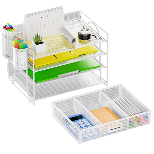 Marbrasse Desk Organizer, 4-Tier Paper File Letter Tray, White - color: White with Pen Holder